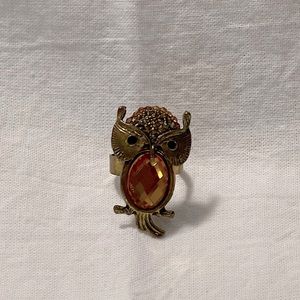 Vintage Adjustable Owl Ring with Amber Crystal Belly, Gold-Toned